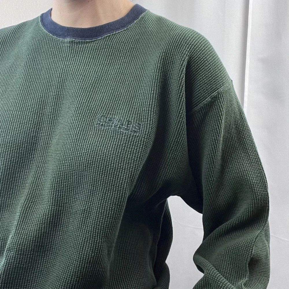 Vintage‎ Y2K Chaps Ralph Lauren Sweater Large Green Waffle Knit Thermal Grunge